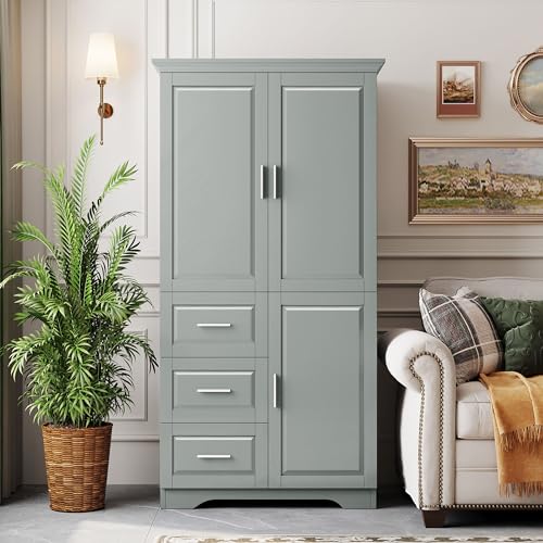 Image of Merax 62.2 inch Pantry Cabinet with Three Doors & Three Drawers, Adjustable Shelves Storage Cupboard for Kitchen /Dining Room /Bathroom, Gray
