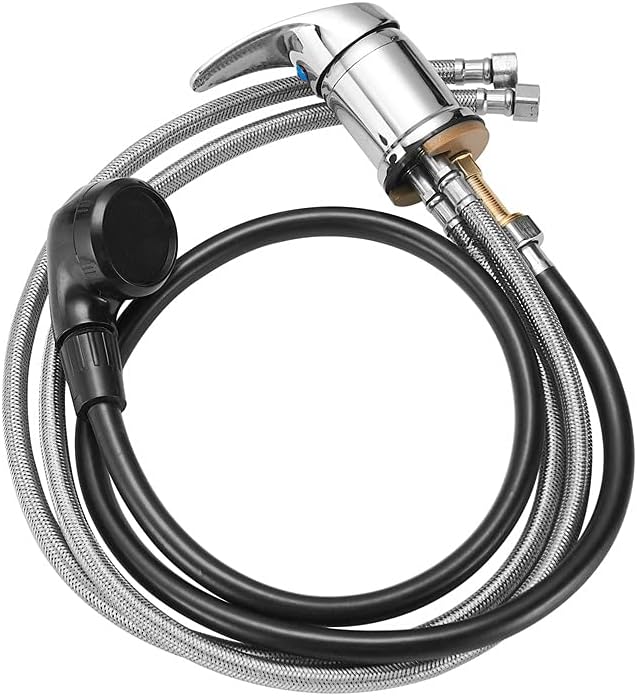 Sensun Brass Salon Shampoo Bowl Faucet Tap Valve and Black Sprayer Hose Kit for Shampoo Bed Bowl or Backwash Unit with 3/8 Compression to 1/2 Reducer Adapter Chrome