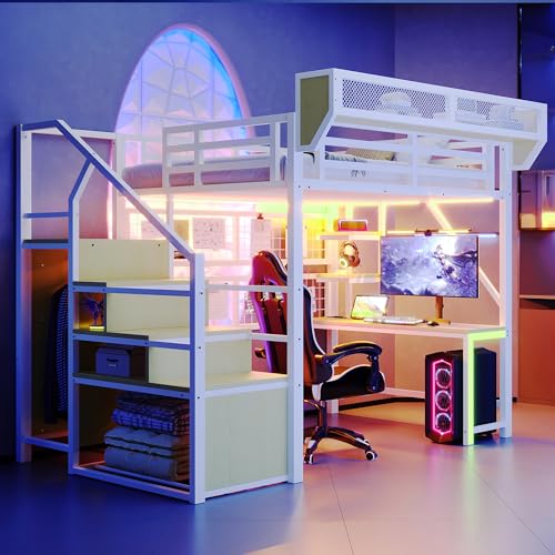 Merax Lit mezzanine en métal 140 x 200 cm, avec bureau, étagère, lit d'adolescent avec échelle de rangement, LED et prise, multifonctionnel, pour enfants...