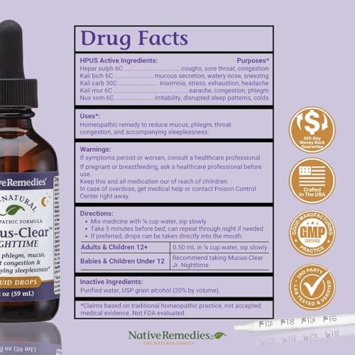 Image of Native Remedies Mucus-Clear Nighttime - Natural Sleep & Mucus Relief - Clears Nighttime Phlegm, Congestion & Coughing for Better Rest - Homeopathic Respiratory Support - 2 fl oz
