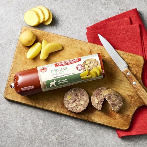 Fleischeslust Hundewurst, Pures Lamm mit Kartoffel als Futterbox (8x400g), Sensitive Nassfutter-Wurst schnittfest & getreidefrei, Hundefutter für ausgewachsene Hunde
