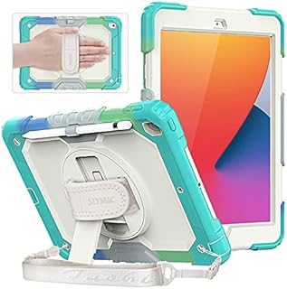 SEYMAC iPad 10.2 Case, iPad 9th/8th/7th Generation Case 2021/2020/2019 with Screen Protector, Shockproof Cover with Stand/Hand Strap, Pencil Holder for iPad 10.2 Inch, Cream Light Blue