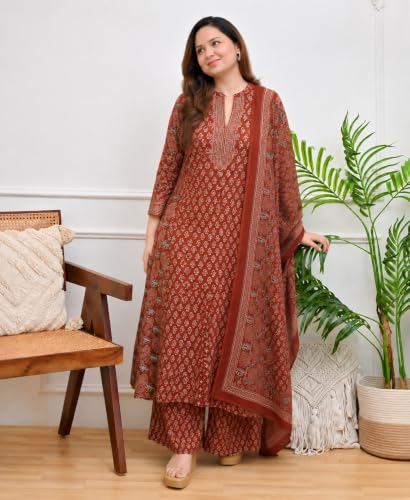 Image of GoSriKi Kurta Sets for Women Viscose Blend Printed | Kurti Set for Woman | Kurta Palazzo Dupatta Set | A Line Kurti | Mandarin Collar 3 /4 Sleeve Suit Set for Women Stylish Ethnic Outfit
