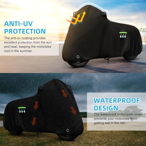 Image of Motorcycle Cover Waterproof for Kawasaki KLR 650 /R 1250 GS /Honda Africa Twin /V-Strom 1050XT, Heavy Duty Outdoor Sun UV Rain Dust All Weather Motorbike Cover with Soft Cotton Lining & Lock Hole-Balck