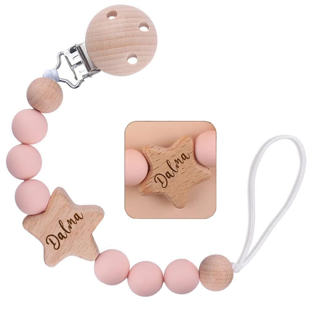 Personalized Pacifier Clip with Name, Engraved Wood Star Pacifier Clip Gift for Boys Girls(Star)