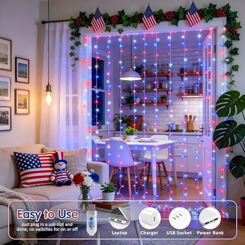 Image of JMEXSUSS 200 LED Red White and Blue Curtain Lights, 6.5ft x 6.5ft | 4th of July Lights USB Plug in, 8 Modes Patriotic Hanging String Lights with Remote for Memorial Day Independence Day Decor
