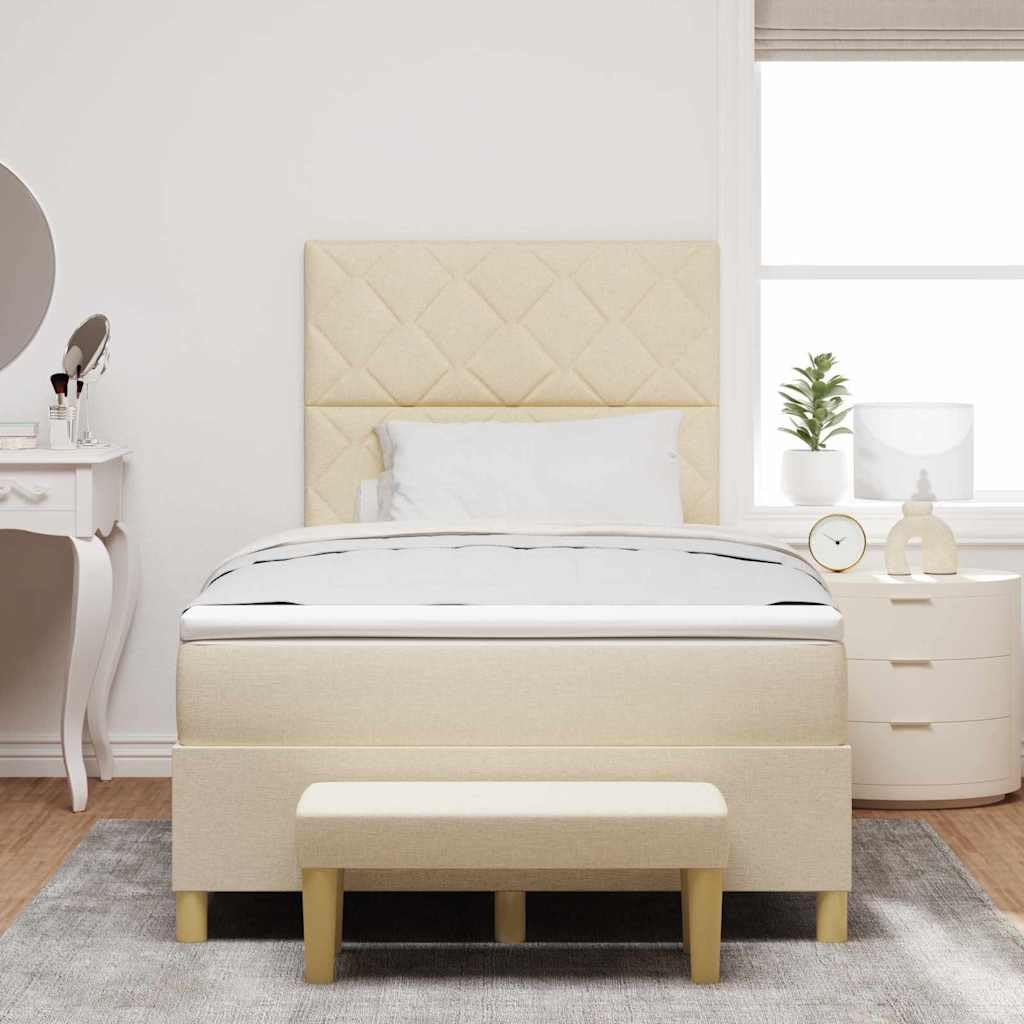 Cama con somier con colchón color crema de 120 x 200 cm, estructura moderna con colchón de espuma, cabecero de poliéster y banco práctico, comodidad media para un descanso