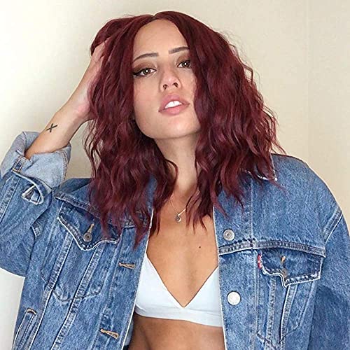 AISI BEAUTY Burgundy Wig Short Wavy Bob Wigs for Women Synthetic Middle Part Pastel Wavy Wigs Shoulder Length Wig for Daily Party Use (14 inch, Burgundy)