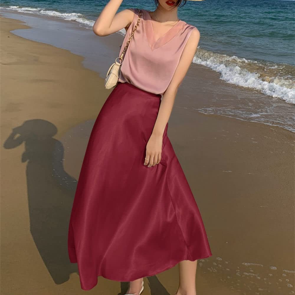 OZEO Röcke Für Damen,Damen Dünne Satin-Midi-Röcke Burgunder Glänzender Faltenrock Mit Hoher Taille Sommer Eleganter A-Linien-Swing Gerüscht Fließender Strandurlaub Lange Röcke Für Mädchen Damen,S