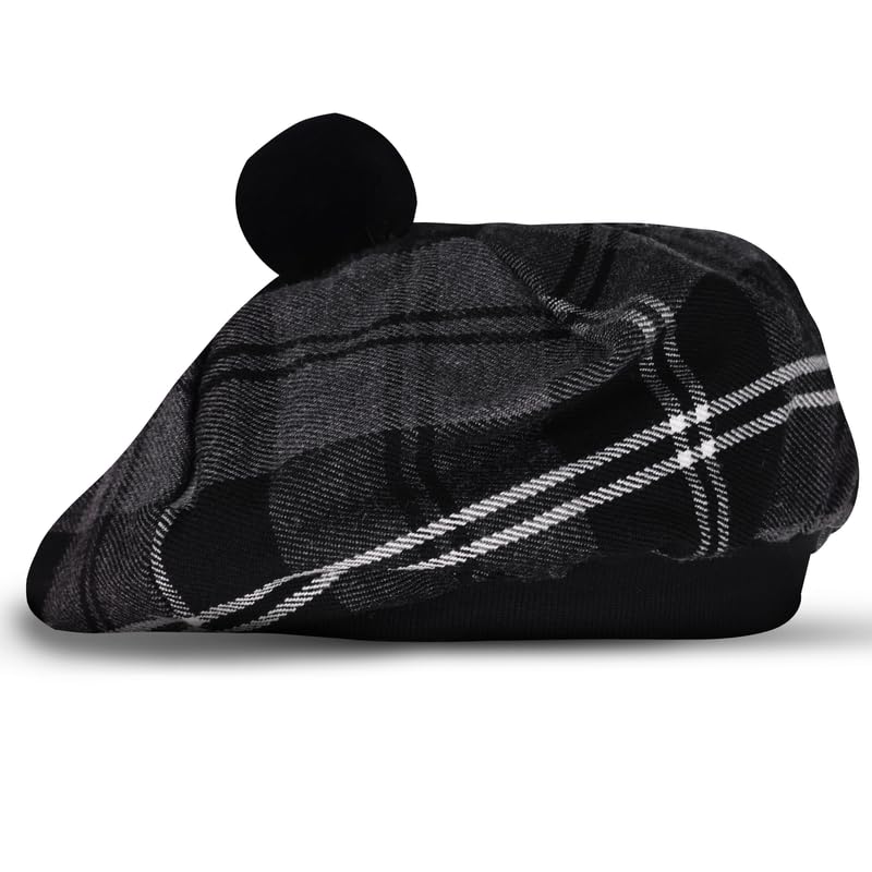 Image of Scottish Tam O' Shanter Hat Tartan Bonnet Pom Pom Wool Flat Cap One Size