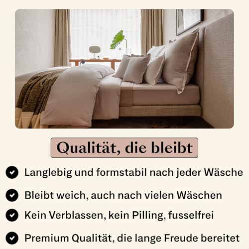 Foto von Amqua Mako Satin Bettwäsche Set 200x220cm + 40x80cm (2X Kissenbezüge), 100% ägyptische Baumwolle (Zertifiziert), beige/Sand
