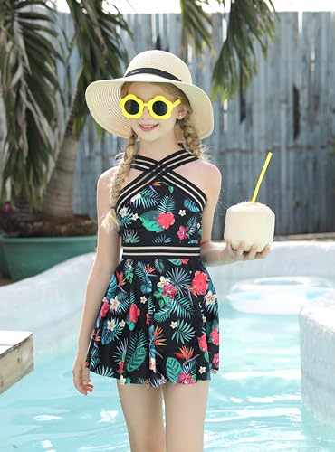 Girls Tankini Swimsuits Set size 7-14T Two Piece Swim Skirt and Bikini Bottom Criss-Cross Hawaii Bathing Suit2