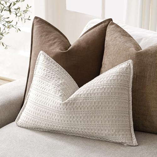 Image of Foindtower Set of 2 Decorative Cotton Waffle Weave Lumbar Throw Pillow Covers Euro Shams Cushion Covers Accent European Pillowcase for Bed Couch Sofa Bedroom Living Room Home Decor 12x20 Inch Oatmeal