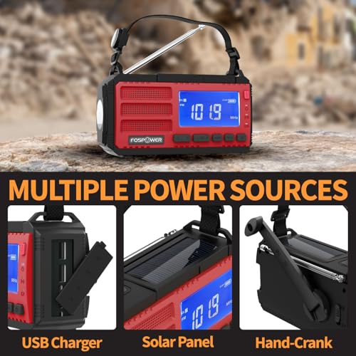 Image of FosPower NOAA Emergency Weather Radio D8 37000mWh Portable Power Bank, AM /FM, USB /Solar /Hand Crank Charging, SOS Alarm & Flashlight for Indoor /Outdoor Emergency - Red