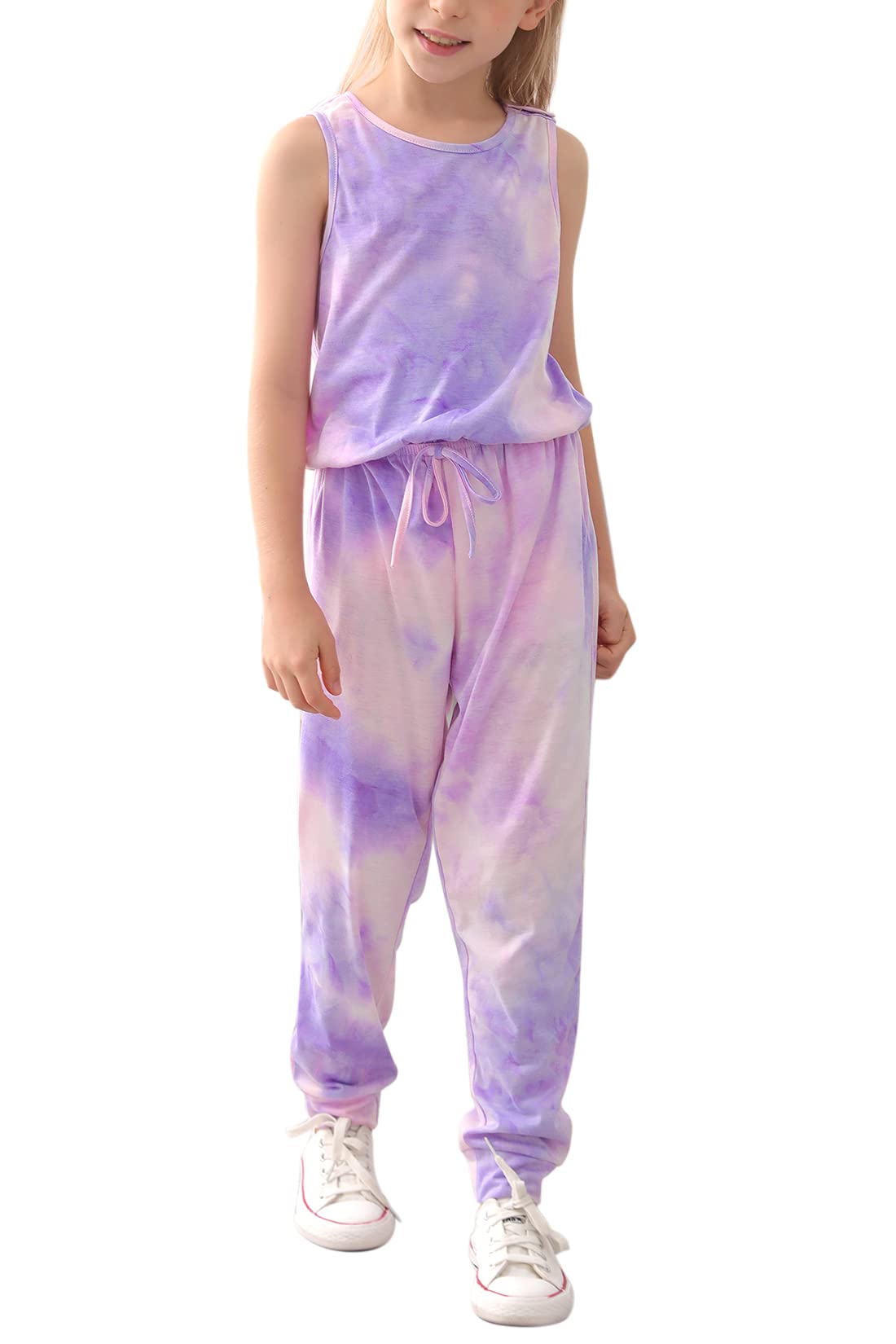 GORLYA Girl's Sleeveless Solid Casual Jumpsuit Rompers Harem Pants Outfits for 4-14T