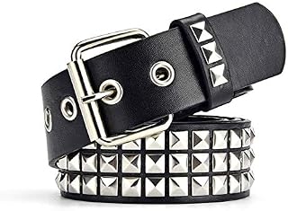 Three Row Studded Belt, Adjustable Modern Square Beads Metal Pyramid Belt, Gothic Punk Jeans Belt for Men and Women (Black)
