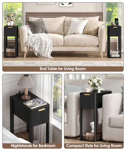 Image of Akxomel Narrow Nightstand Set 2 with Charging Station Fluted Table Black