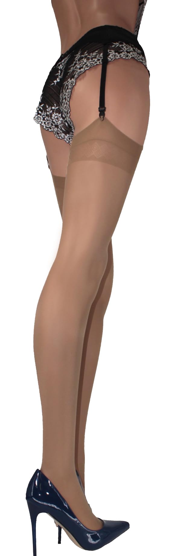 Just Beauty Touch Women's Natural Stockings Size S - Xl 20 Den Geometric Patterned Top New Sheer Black Tan White Colours Size Plus (Xl, )