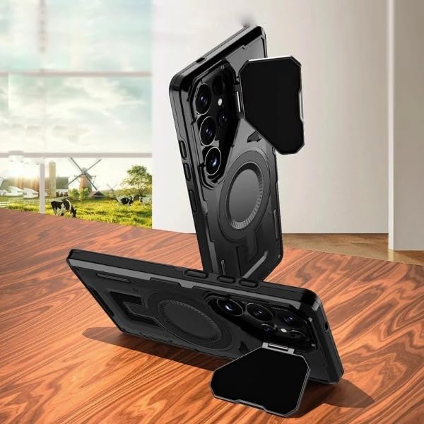 Image of MILLION CASES Thermoplastic Polyurethane Back Cover Case for Samsung Galaxy S24 Ultra Shockproof Protective Tactical Armor Lens Bracket Magnetic Case for Men & Boys(Black)