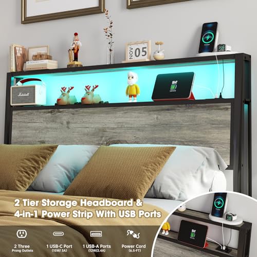 Image of Queen Size Bed Frame with Headboard, Metal Platform Bed Frame with LED Lights & Charging Station, Under Bed Storage, Solid and Stable, No Box Spring Needed, Noise Free, Easy Assembly, Rustic Grey