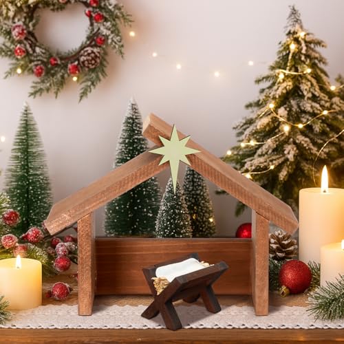 Yaomiao Christmas Nativity Stable Manger Decorations Wood Nativity Scene with Roof Star for Inside Scale Holy Family Wooden Stable Shed Creche Home Desk Decor