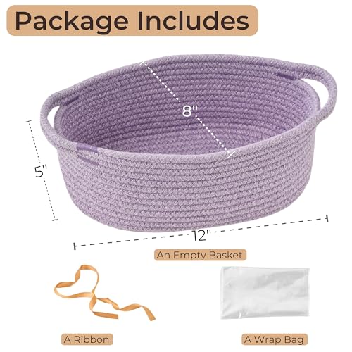 Image of Small Woven Gift Basket Empty with Bag & Ribbon, Storage Basket for Father's Day for Dad, Baby Shower, Raffle, Birthday, Cute Organizer with Handles, 12 inchx8 inchx5 inch, Purple
