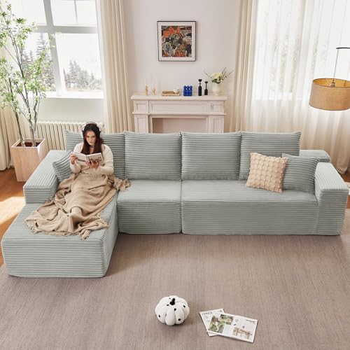 Image of 135.4 inch Modular Sectional Sofa, Modern Corduroy Cloud Couch with Deep Seat, Boneless Couch Upholstered 4-Seater L-Shaped Sofa for Living Room, No Assembly Required (Grey, Left-Facing Chaise)