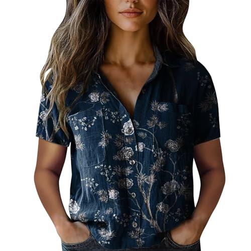 Women Gauze Tunic Linen Tops 2025 Women Cotton Shirt Printed V Neck Button Down Shirts Casual Tops Short Sleeve