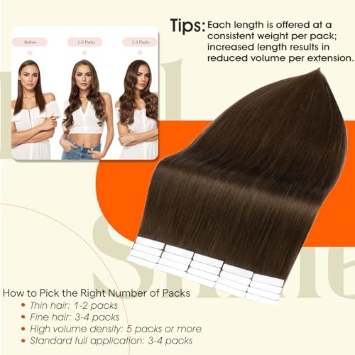 Image of Full Shine Tape In Hair Extensions Human Hair,4A Dark Chestnut Brown,16Inch 50G 20Pcs,Natural Looking Seamless Hair Extensions Tape in,Invisible Blend for Fuller Hair,Thick End Long Lasting Appeal