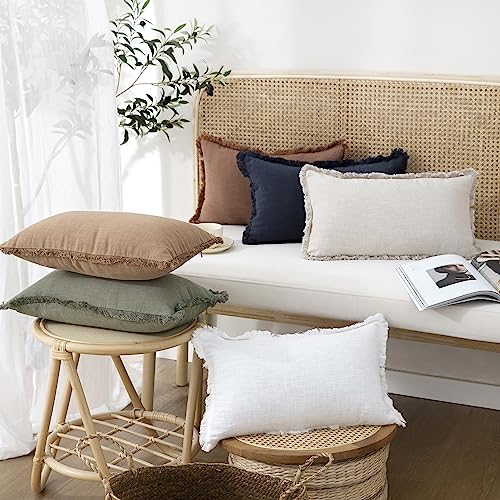 Image of Foindtower Set of 2 Decorative Linen Fringe Throw Pillow Covers Cozy Boho Farmhouse Cushion Cover with Tassels Soft Accent Pillowcase for Couch Sofa Bed Living Room Home Decor,18x18 Inch,White