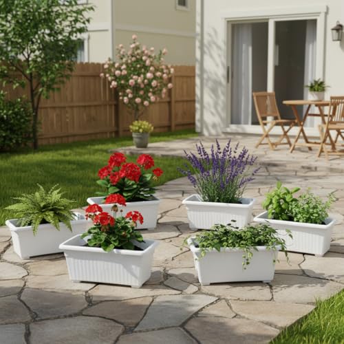 Image of Go Hooked Rectangular Plastic Pots for Plants, Jupiter Flower Pots for Home, Window Display, Garden (Set of 6, White) (35 x 18.5 x 15 cm)