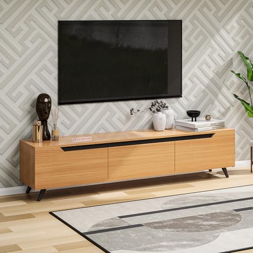 Image of DecorNation Nova Wooden TV Unit Stand (Medium) - Modern Entertainment Table with 3 Closed Compartments for Living Room, Bedroom & Office (55.5 x 13.3 x 16.6 Inches, Bavarian Beech Finish)