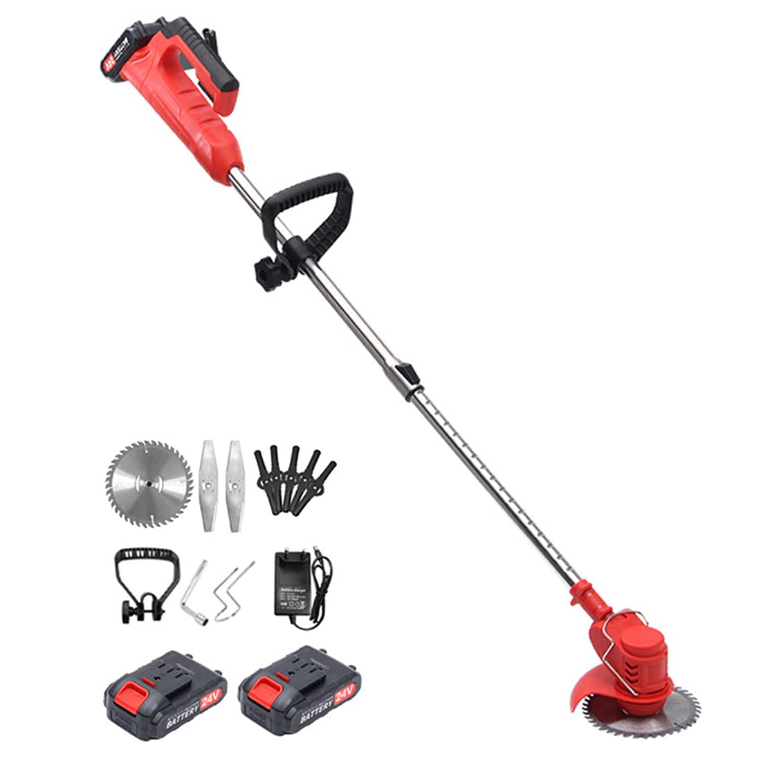 Desbrozadora de jardín, cortadora de césped inalámbrica eléctrica Potente cortadora de césped de 24 V, Rojo, 850 W, Peso Ligero de 1,2 kg (Incluye 2 Pilas, Cargador y Cuchillas)