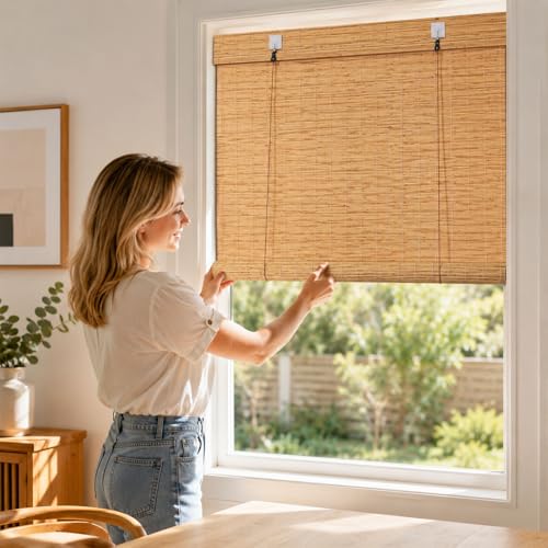 Persiana Enrollable De Bambú para Exterior, Estor Ajustable De Ocultación, para Exterior E Interior, para Porche, Patio, Balcón, Cocina, Puertas(W69 xH72)