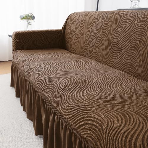 Image of HOKIPO 3 Seater Sofa Cover with Frill - 240 GSM Premium Jacquard Stretchable Fully Covered Slipcover,' Serene Wave Series' Pecan Brown (AR-6354-BR)