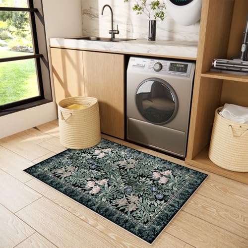 Image of Washable Entryway Area Rugs 2x3 Black Green Vintage Floral Botanical Pattern,Perfect for Soft Door Mat Indoor Entrance, Ultra-Thin Easy Clean Small Throw Carpet for Bedroom Bathroom