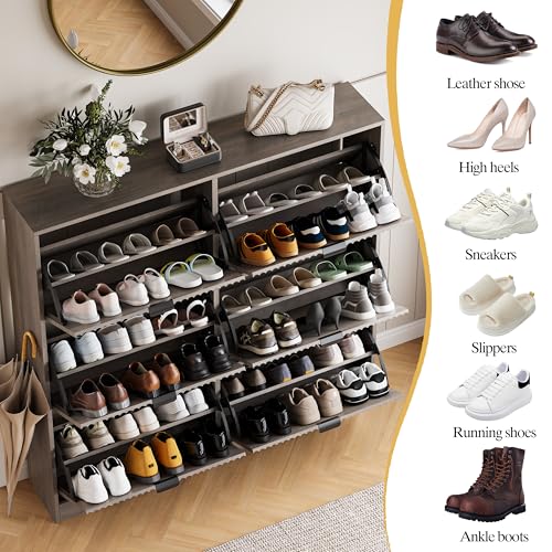 Image of HUANLEGO Shoe Cabinet Storage for Entryway with 6 Flip Drawers, Grey Fluted Shoe Cabinet with Adjustable Shelves, Wooden Hidden Shoe Rack Freestanding Narrow Slim Shoes Storage for Hallway, Entrance
