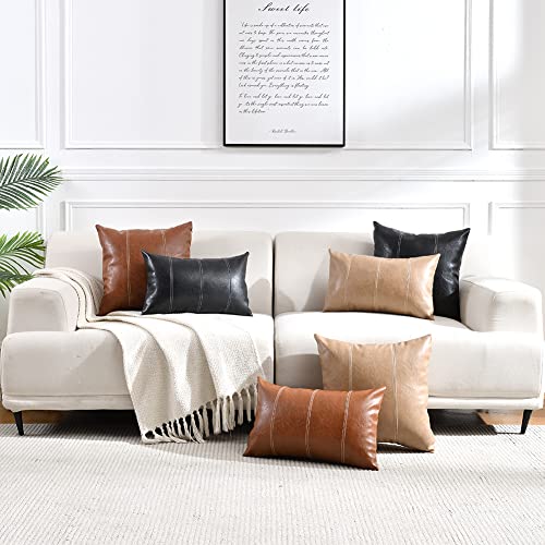 Image of Fancy Homi Brown Boho Lumbar Faux Leather Decorative Throw Pillow Covers 12x20 Inch for Living Room Couch Bed Sofa, Hand Stitched Rectangle Cushion Case 30x50 cm, Rustic Modern Farmhouse Home Decor