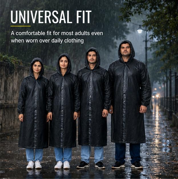 Image of SR EVA Reusable Raincoat with Hood (Black) - Pack of 1 | Elasticated Full Sleeves Outdoor Waterproof Raincoat for Men & Women | Rainwear | Button Closure | Knee Length | Universal Fit(Black)