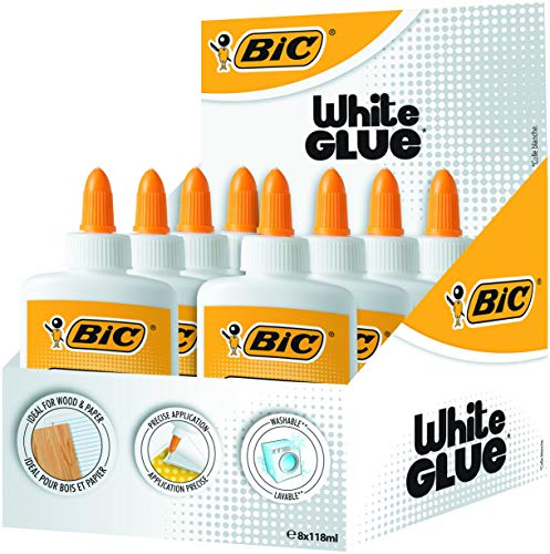 BIC Liquid White Glue - Box of 8 - 118 ml Bottles of Glue for Paper, Crafts or Wood - Washable with Precise Applicator Tip