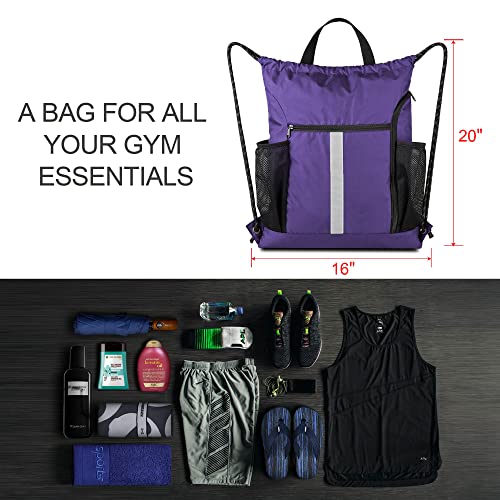 Image of BeeGreen Purple String Bag Sack Gym Backpack with Shoe Compartment and Two Water Bottle Holder for Men Women Lightweight Durable Drawstring Cinch Sackpack