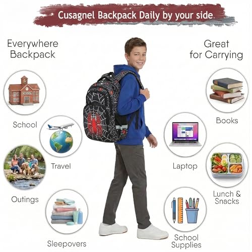 Image of Cusangel kids Backpack with lunch box for School Boys Girls 8-12ages,16in Bookbag Stitch,durable Water Resistant,7 Pockets, Adjustable Chest Strap,Large For Travel,Gifts (Red Spider Set-17in)