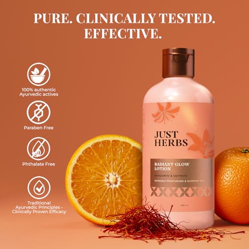 Image of Just Herbs Radiant Glow Body Lotion with UVA /B Filters | For Intensely Moisturised & Glowing Skin | Gives Sun Protection | Mandarin, Saffron, Vitamin C, Niacinamide | Clinically Tested - 300ml