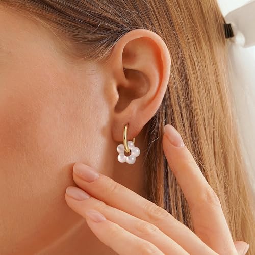 Gold Pearl Earrings For Women, 14K Gold Plated Pearl Drop Dangle Huggie Hoop Flower Earrings, Hypoallergenic Dainty Gold Earrings for Women Trendy Wedding Brides Jewelry Gifts4