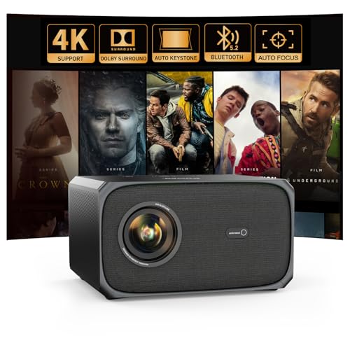 Beamer 4K Passend für Netflix Dolby Audio 35000L 1080P FHD Smart Beamer Heimkino, KI-Autofokus & Trapezkorrektur Jimveo Projektor mit Zwei-Wege Bluetooth WiFi6 Outdoor 300' Display Video Projektor