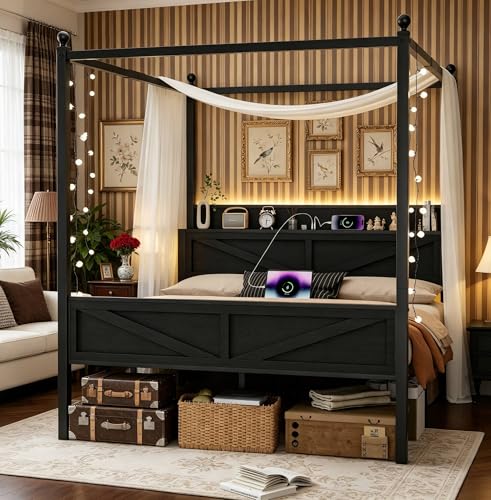 HOMUNIQ FURNISH Full Size Canopy Bed Frame Barn Door Storage Headboard with LED Light & Charging Station Metal Slats Support No Box Spring Needed Easy Assembly Curtain Not Included