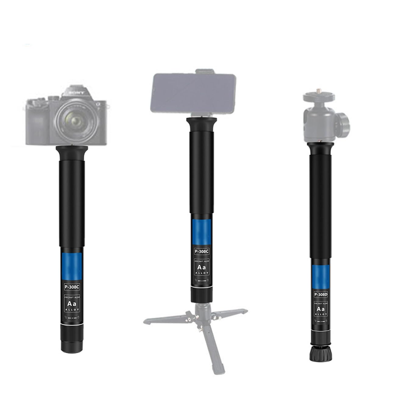 62 Inch Camera Monopod P-308C 8 Sections Heavy Duty Monopod Aluminum Portable Compact Lightweight Travel Monopod with 1/4in to 3/8in Conversion Screw