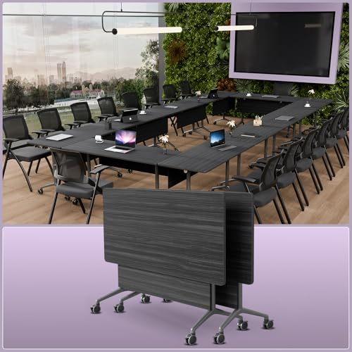 Modular Conference Table,Folding Conference Room Table with Wheels - Flip Top Mobile 71in Training Tables for 6-12 Person,Modern Meeting Table for Office Seminar(2pcs,Ebony,71in*23.6in*29.6in)
