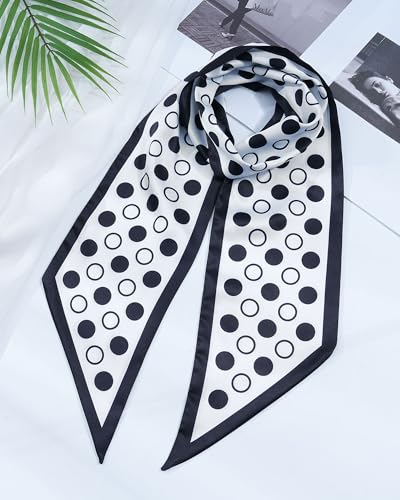Mesovor Polka Dot Scarf Headband Hair Neck Scarves for Women, Fashion Purse Bag Scarfs | Long Thin Satin Headscarf Headbands (Black Polka Dots) — view 6