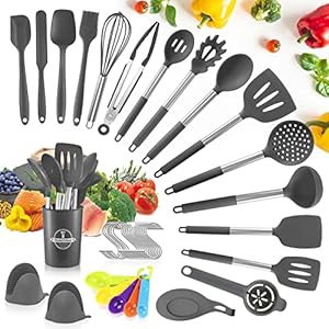 TWBEST Keukenhulpset,44pcs Keukengerei set,Siliconen Kookgerei Set Antiaanbaklaag met Gebruiksvoorwerpenhouder,Siliconen gebruiksvoorwerpen Set Hittebestendig kookgerei Set-Donker Grijs